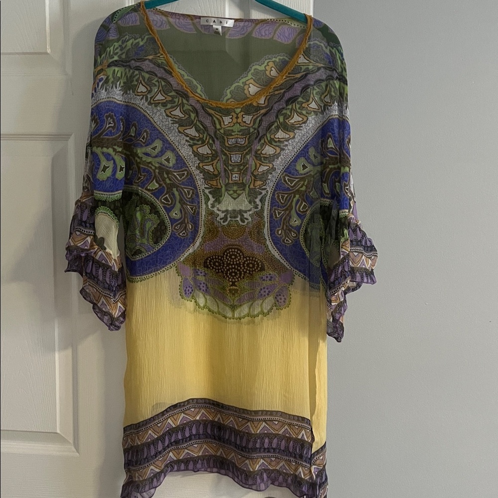 CAbi Sheer Tunic / Mini Dress in Gold, Green and Purple - 100% silk - size Med
